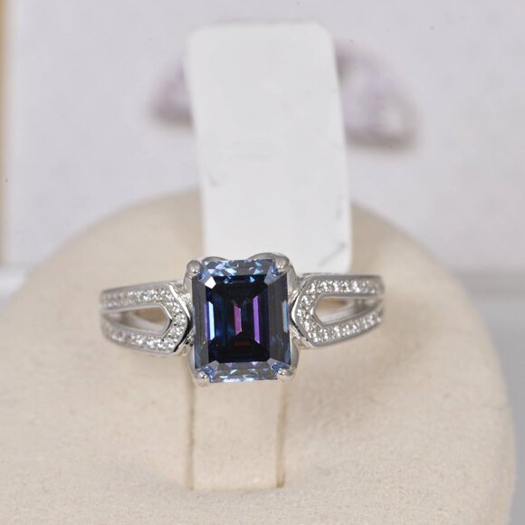 GRA Certified 3ct Moissanite Ring Deep Purple Emerald Cut - Picture 3 of 7